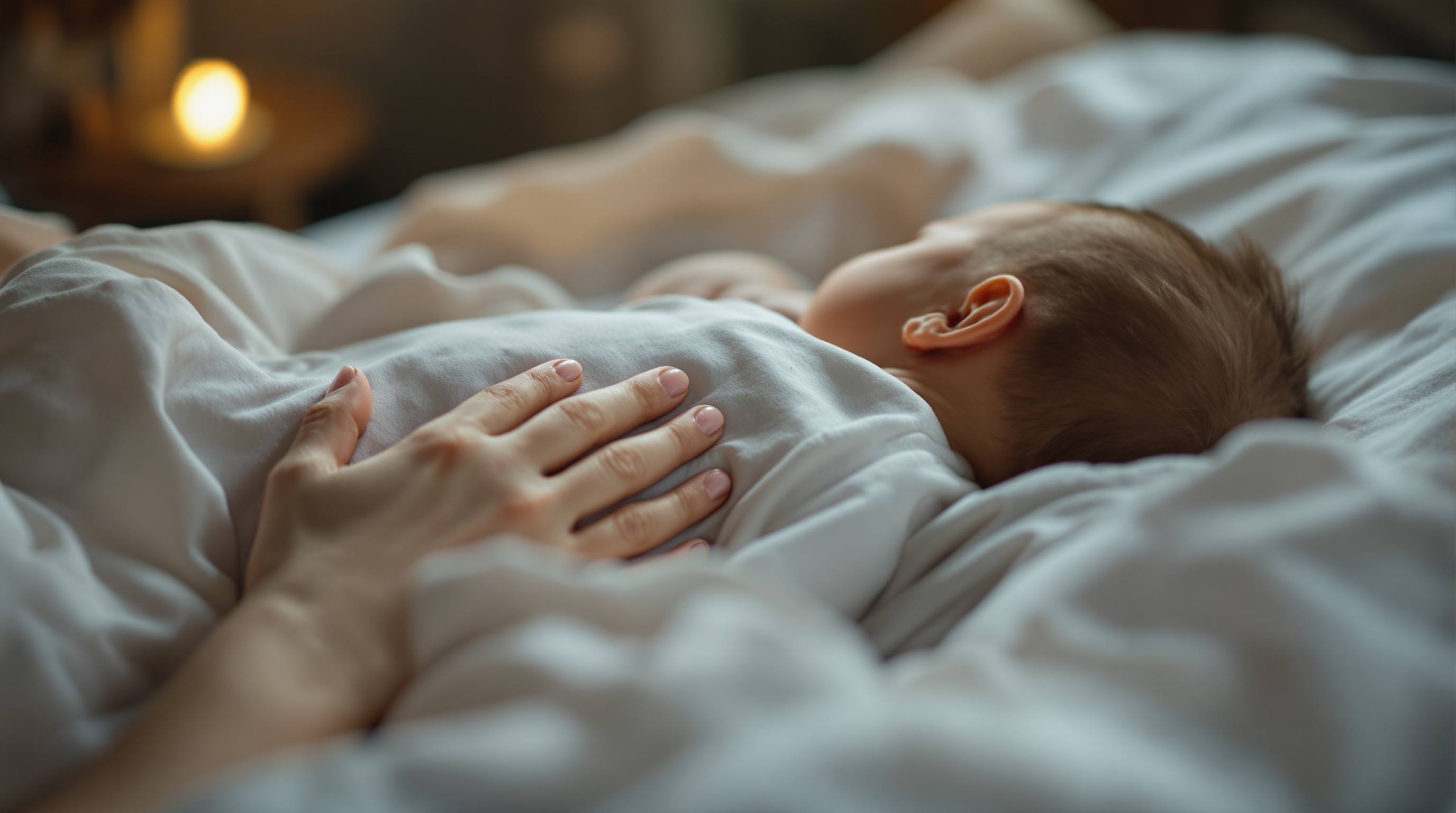 Mão tocando a nuca do bebê para verificar temperatura, como vestir o bebê com pijama sem superaquecer